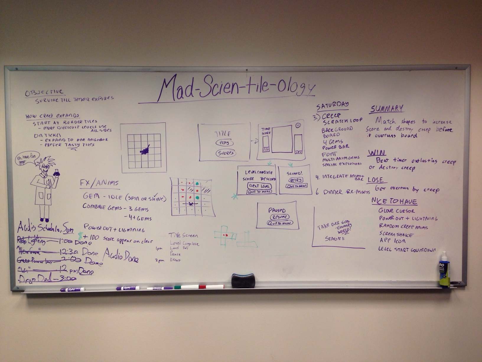 Whiteboard containing both game design and project management